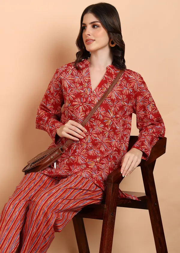 Red_Floral_Printed_Cotton_Ethnic_Top_With_Striped_Pants_Set_For_Women