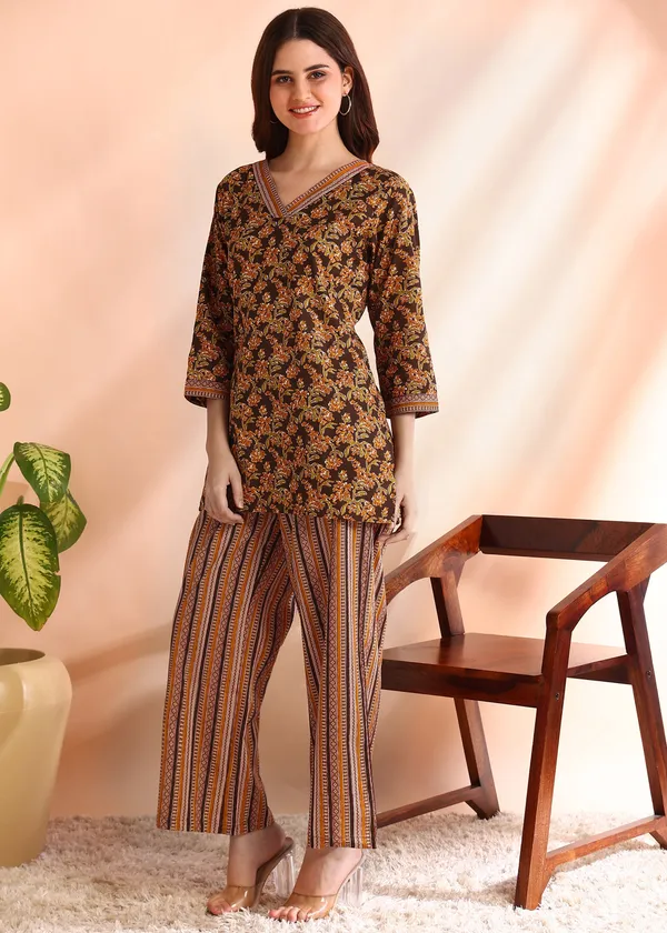 Mustard_Brown_Traditional_Printed_Kurta_And_Palazzo_Set_For_Women