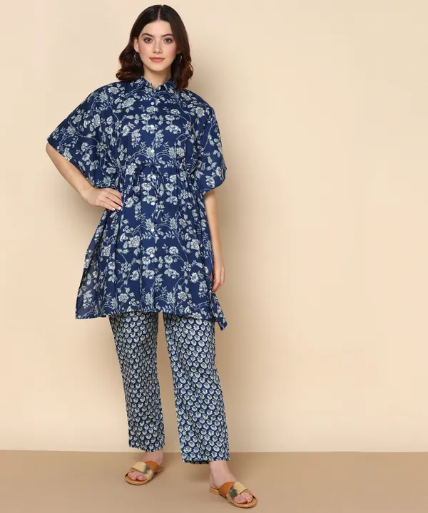 Blue_Floral_Print_Co_Ord_Set_With_Mandarin_Collar_Top_And_Relaxed_Fit_Pants_For_Women