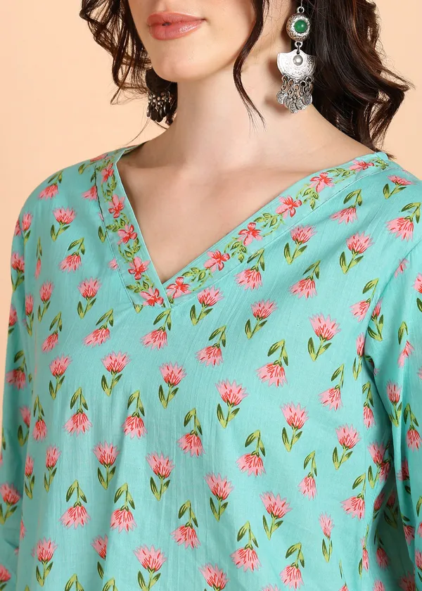 Aqua_Floral_Print_Cotton_cord_set_Set_For_Women