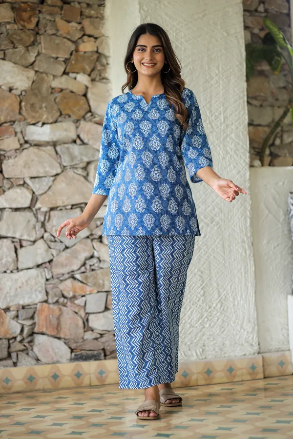 Blue_Hand_Block_Printed_Cotton_Co_Ord_Set_Tunic_Top_And_Palazzo_Pants_For_Women