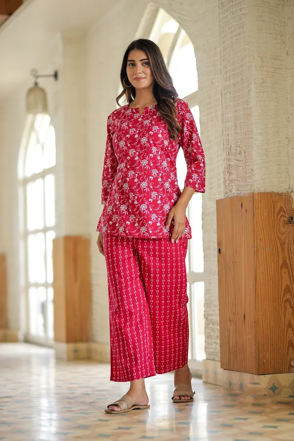Red_Floral_Print_Cotton_Kurti_And_Striped_Palazzo_Set_For_Women