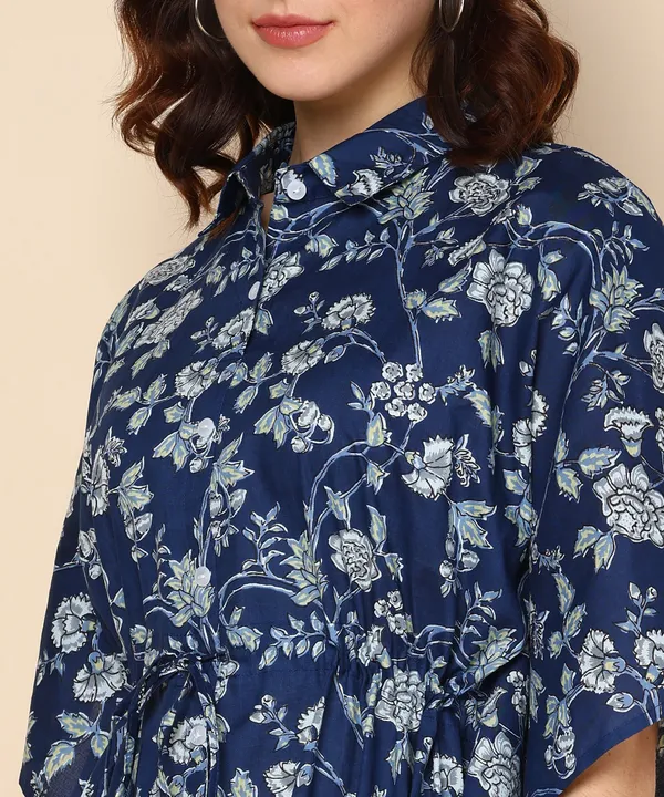 Blue_Floral_Print_Co_Ord_Set_With_Mandarin_Collar_Top_And_Relaxed_Fit_Pants_For_Women