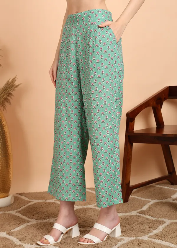 Ocean_Blue_Floral_Print_Cotton_Night_Suit_Set_For_Women