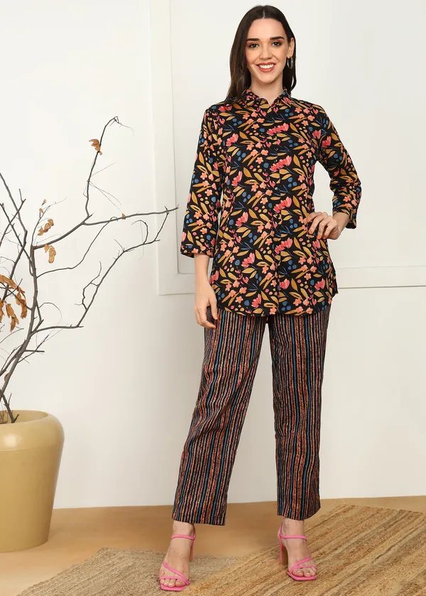 Brown_Floral_Print_Top_And_Striped_Pants_Co_Ord_Set_For_Women