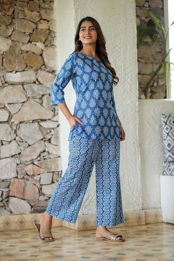 Blue_Hand_Block_Printed_Cotton_Co_Ord_Set_Tunic_Top_And_Palazzo_Pants_For_Women