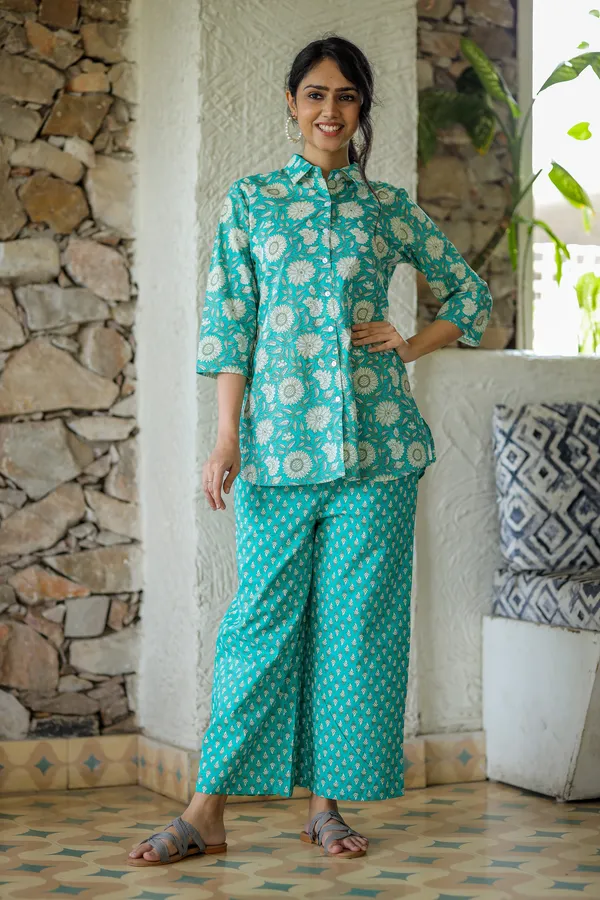 Sky_Blue_Floral_Block_Print_Cotton_Kurta_Palazzo_Set_For_Women