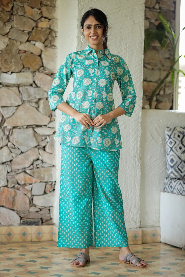 Sky_Blue_Floral_Block_Print_Cotton_Kurta_Palazzo_Set_For_Women