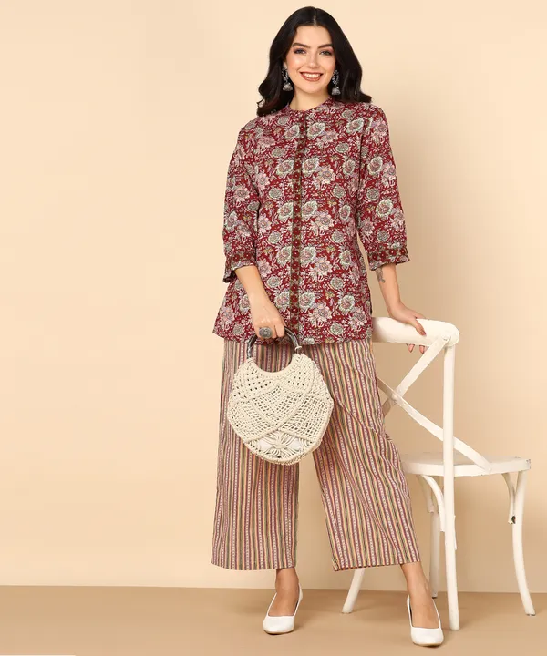 Maroon_Floral_Print_Button_Down_Top_With_Mandarin_Collar_For_Women