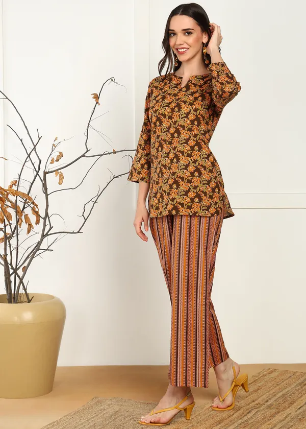 Yellow_And_Brown_Ethnic_Floral_Print_Co_Ord_Set_With_Striped_Palazzo_Pants_For_Women