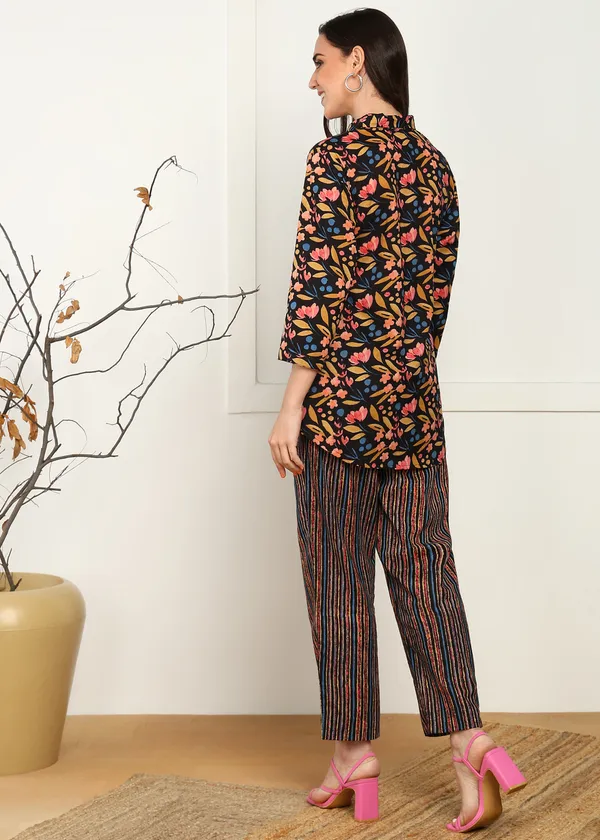 Brown_Floral_Print_Top_And_Striped_Pants_Co_Ord_Set_For_Women