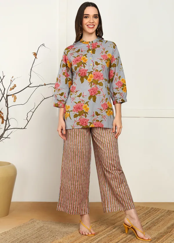Multicolour_Floral_Print_Top_With_Striped_Palazzo_Pants_Co_Ord_Set_For_Women