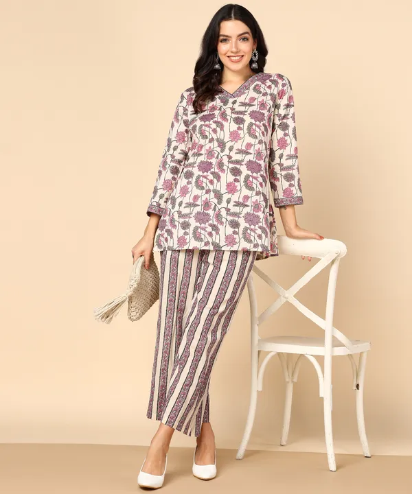Off_White_And_Pink_Hand_Block_Printed_Floral_Cotton_Kurta_And_Palazzo_Co_Ord_Set_For_Women