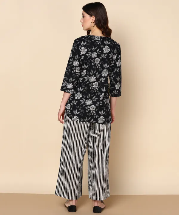 Black_Floral_Print_Top_With_Striped_Palazzo_Pants_Set_For_Women
