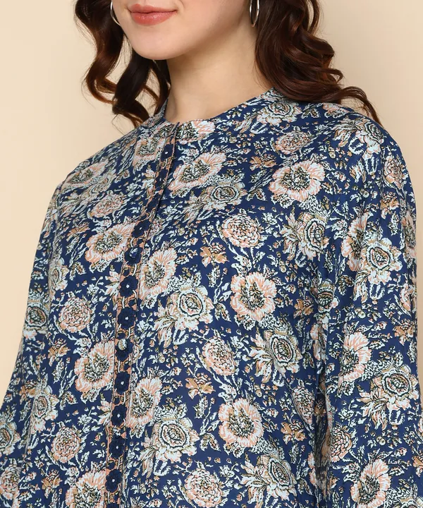 Off_White_And_Blue_Floral_Printed_Cotton_Kurti_With_Striped_Palazzo_Set_For_Women
