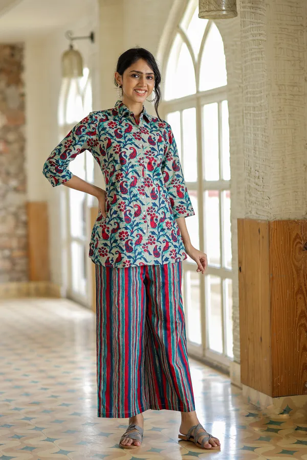 Multicolour_Floral_Print_Cotton_Kurta_With_Striped_Palazzo_Set_For_Women