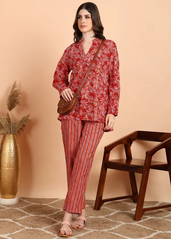 Red_Floral_Printed_Cotton_Ethnic_Top_With_Striped_Pants_Set_For_Women