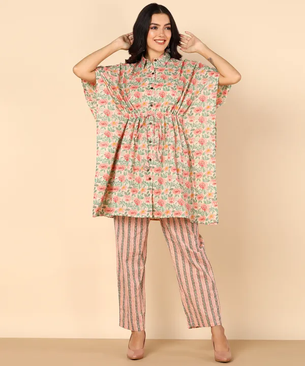 Off_White_And_Peach_Floral_Print_Kaftan_Top_With_Striped_Pants_Co_Ord_Set_For_Women