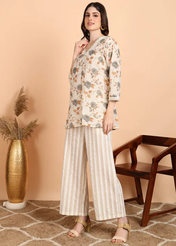 Off_White_Floral_Print_Top_With_Striped_Palazzo_Pants_Co_Ord_Set_For_Women