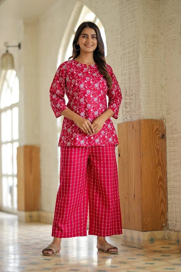 Red_Floral_Print_Cotton_Kurti_And_Striped_Palazzo_Set_For_Women