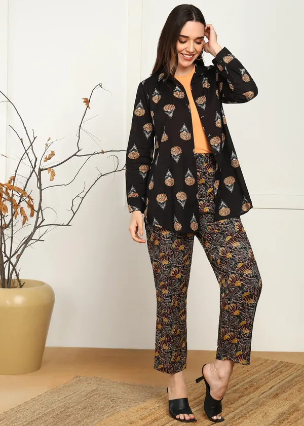 Brown_Floral_Print_Co_Ord_Set_With_Long_Sleeves_And_Patterned_Pants_For_Women
