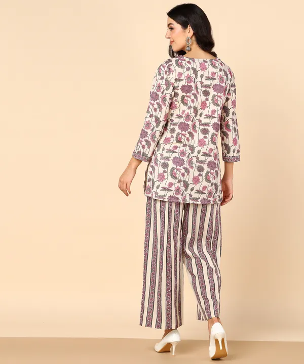 Off_White_And_Pink_Hand_Block_Printed_Floral_Cotton_Kurta_And_Palazzo_Co_Ord_Set_For_Women