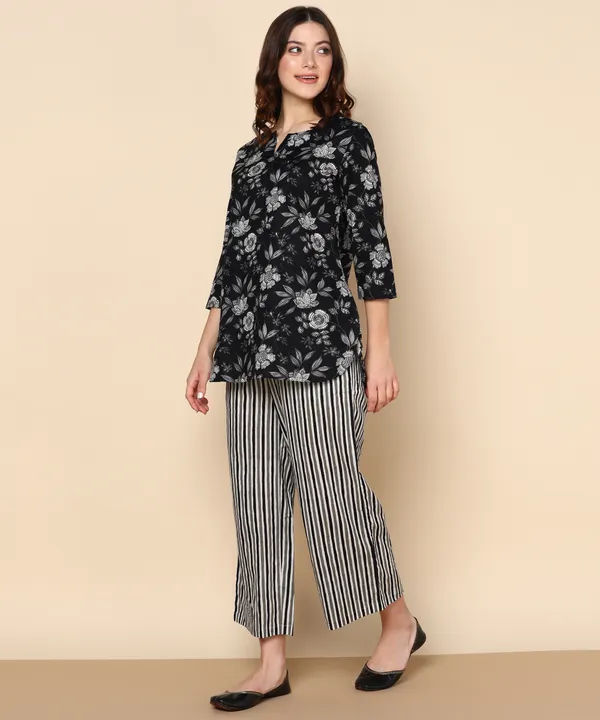 Black_Floral_Print_Top_With_Striped_Palazzo_Pants_Set_For_Women