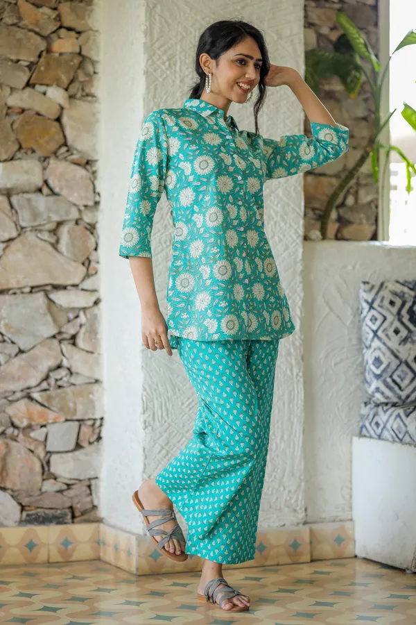 Sky_Blue_Floral_Block_Print_Cotton_Kurta_Palazzo_Set_For_Women