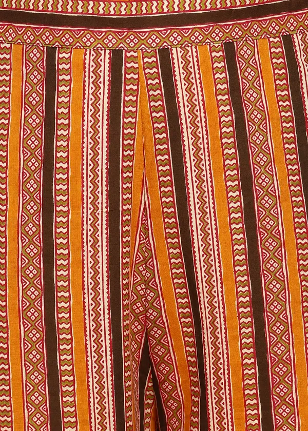 Yellow_And_Brown_Ethnic_Floral_Print_Co_Ord_Set_With_Striped_Palazzo_Pants_For_Women