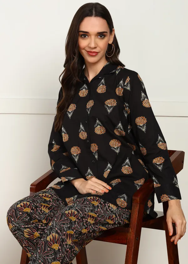 Brown_Floral_Print_Co_Ord_Set_With_Long_Sleeves_And_Patterned_Pants_For_Women