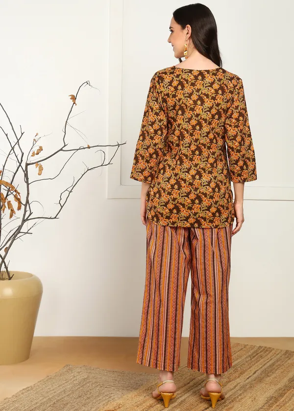 Yellow_And_Brown_Ethnic_Floral_Print_Co_Ord_Set_With_Striped_Palazzo_Pants_For_Women