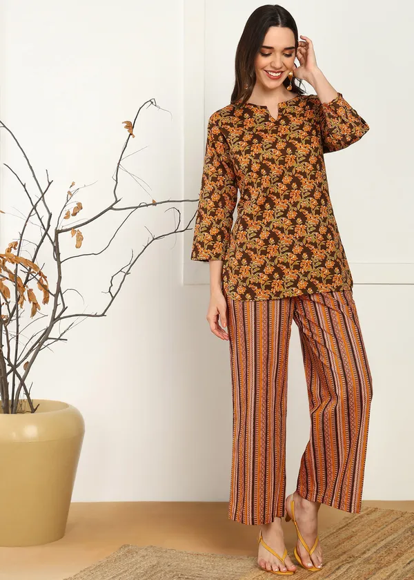 Yellow_And_Brown_Ethnic_Floral_Print_Co_Ord_Set_With_Striped_Palazzo_Pants_For_Women