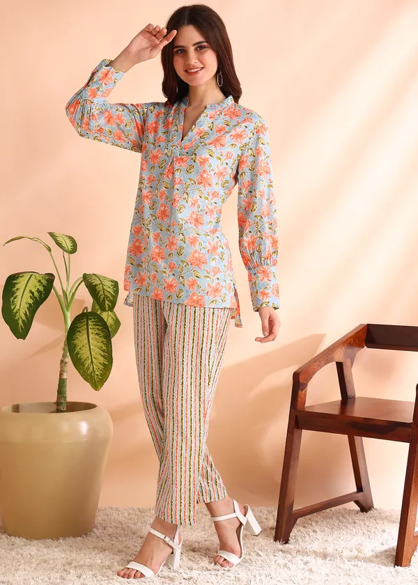 Multicolour_Floral_Print_Top_And_Striped_Pants_Co_Ord_Set_For_Women