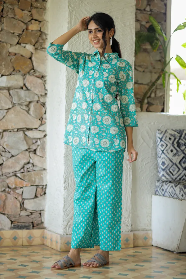 Sky_Blue_Floral_Block_Print_Cotton_Kurta_Palazzo_Set_For_Women