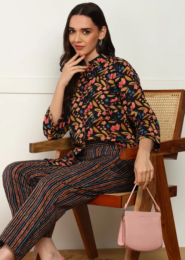 Brown_Floral_Print_Top_And_Striped_Pants_Co_Ord_Set_For_Women