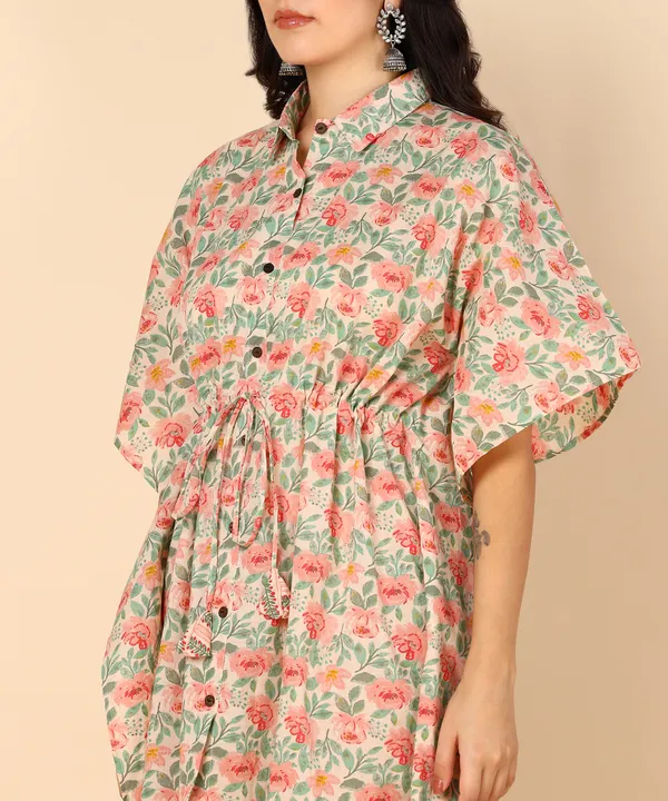 Off_White_And_Peach_Floral_Print_Kaftan_Top_With_Striped_Pants_Co_Ord_Set_For_Women