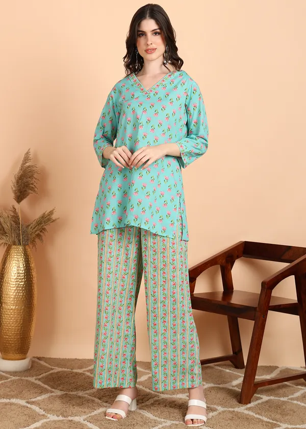 Aqua_Floral_Print_Cotton_cord_set_Set_For_Women
