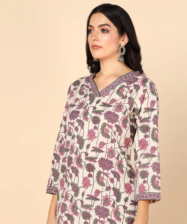 Off_White_And_Pink_Hand_Block_Printed_Floral_Cotton_Kurta_And_Palazzo_Co_Ord_Set_For_Women