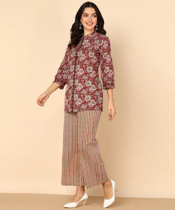 Maroon_Floral_Print_Button_Down_Top_With_Mandarin_Collar_For_Women