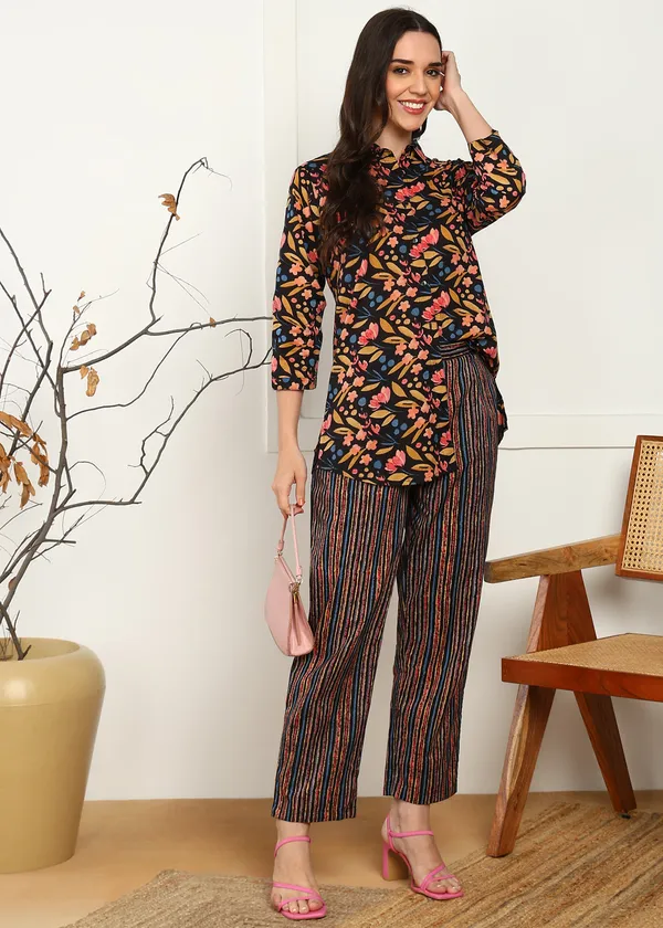 Brown_Floral_Print_Top_And_Striped_Pants_Co_Ord_Set_For_Women