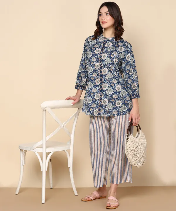 Off_White_And_Blue_Floral_Printed_Cotton_Kurti_With_Striped_Palazzo_Set_For_Women