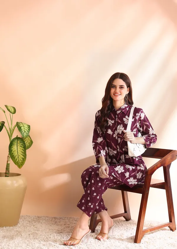 Wine_floral_pure_cotton_cord_set_for_Women