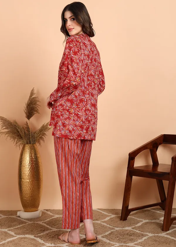 Red_Floral_Printed_Cotton_Ethnic_Top_With_Striped_Pants_Set_For_Women