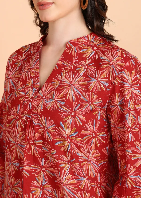 Red_Floral_Printed_Cotton_Ethnic_Top_With_Striped_Pants_Set_For_Women