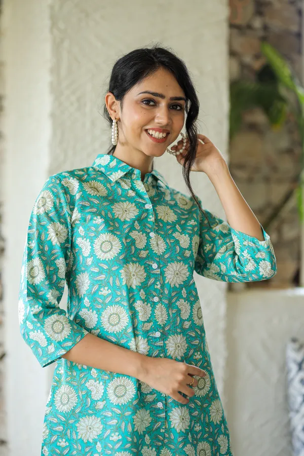 Sky_Blue_Floral_Block_Print_Cotton_Kurta_Palazzo_Set_For_Women