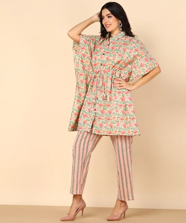 Off_White_And_Peach_Floral_Print_Kaftan_Top_With_Striped_Pants_Co_Ord_Set_For_Women