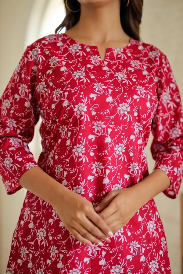 Red_Floral_Print_Cotton_Kurti_And_Striped_Palazzo_Set_For_Women
