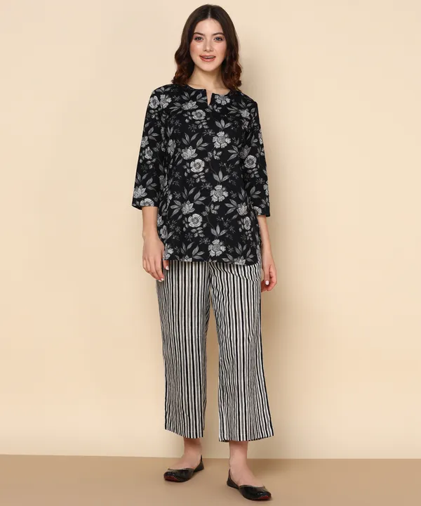 Black_Floral_Print_Top_With_Striped_Palazzo_Pants_Set_For_Women