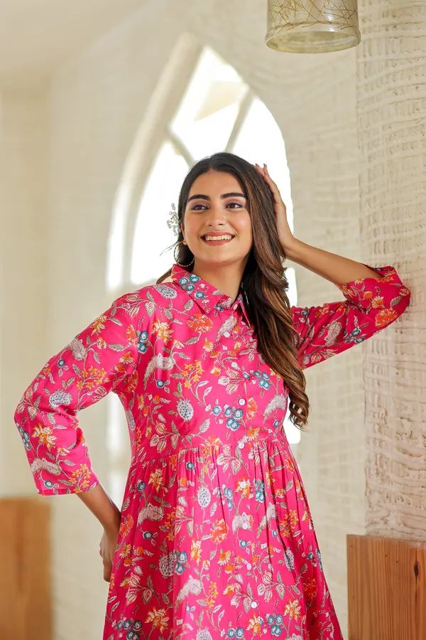 Pink_Floral_Printed_Gathe_Waist_Kurta_Pant_Set_For_Women