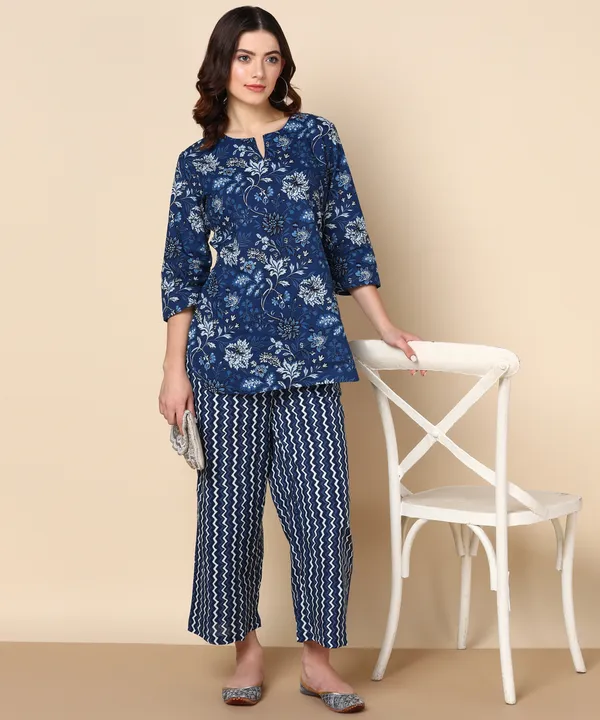 Blue_Floral_Print_Cotton_Top_With_Chevron_Palazzo_Set_For_Women